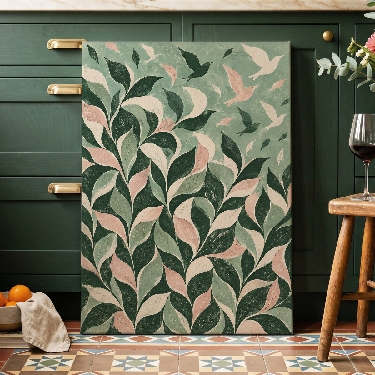 Wings Among the Leaves, green, pink, beige nature wall art displayed in a styled interior, gallery view 7