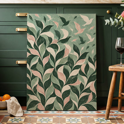 Wings Among the Leaves, green, pink, beige nature wall art displayed in a styled interior, gallery view 7
