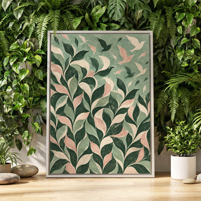 Wings Among the Leaves, green, pink, beige nature wall art displayed in a styled interior, gallery view 8