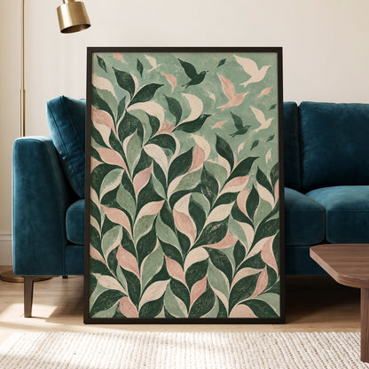 Wings Among the Leaves, green, pink, beige nature wall art displayed in a styled interior, gallery view 9