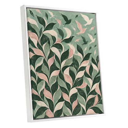 Wings Among the Leaves, green, pink, beige nature wall art shown as a white framed canvas wall art