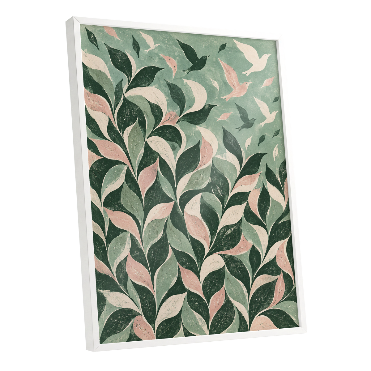 Wings Among the Leaves, green, pink, beige nature wall art shown as a white framed poster wall art print