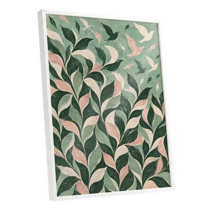 Wings Among the Leaves, green, pink, beige nature wall art shown as a white framed poster wall art print