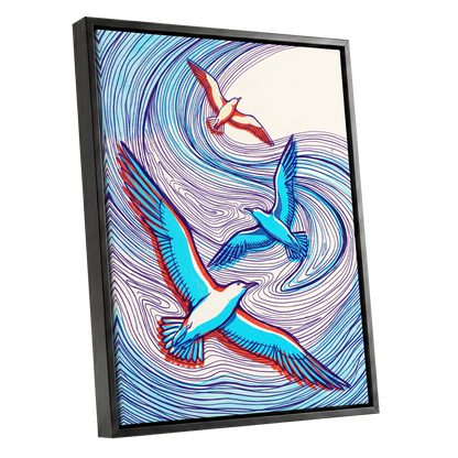 Wings in the Current, blue, purple, orange nature wall art shown as a black framed canvas wall art