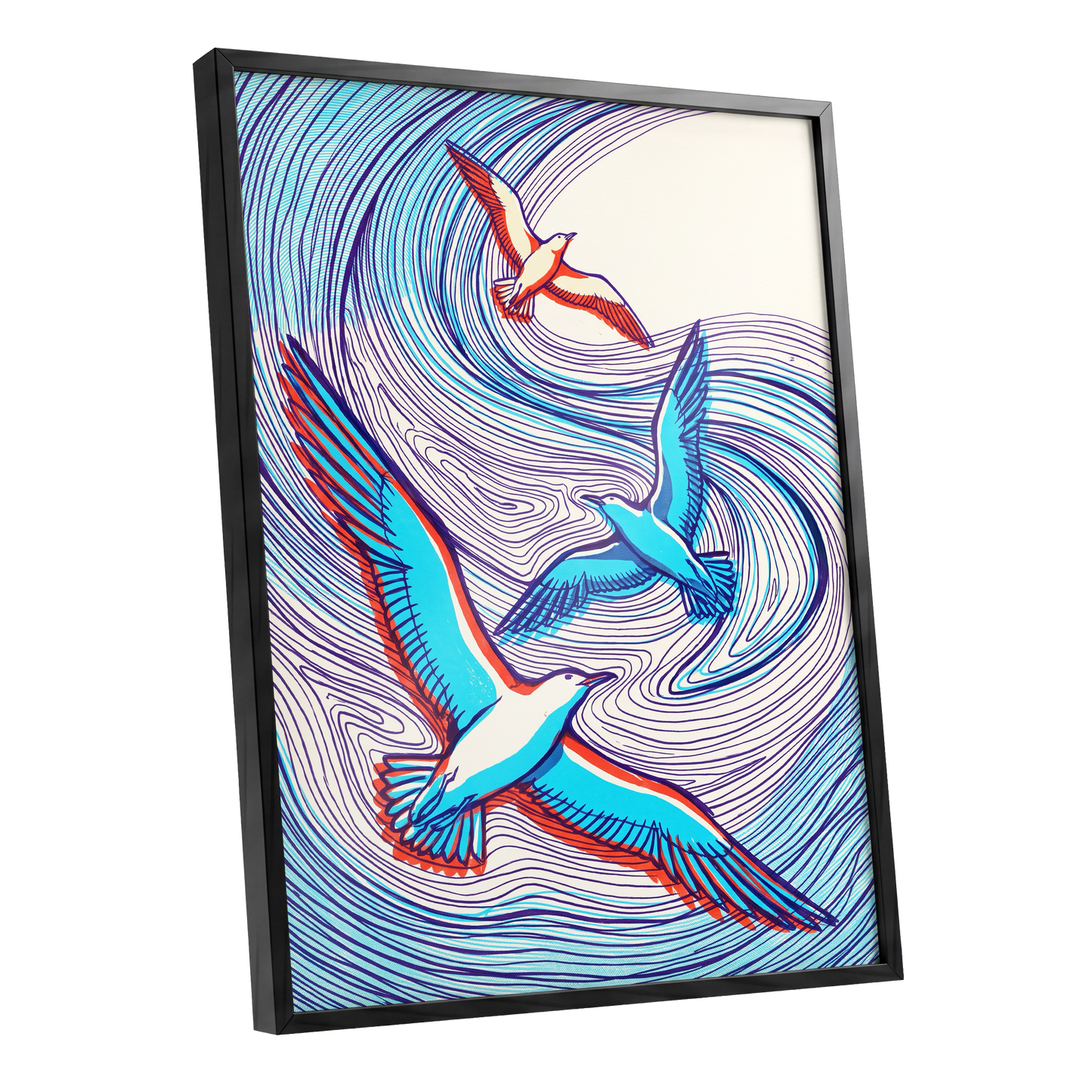 Wings in the Current, blue, purple, orange nature wall art shown as a black framed poster wall art print