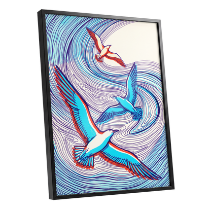 Wings in the Current, blue, purple, orange nature wall art shown as a black framed poster wall art print