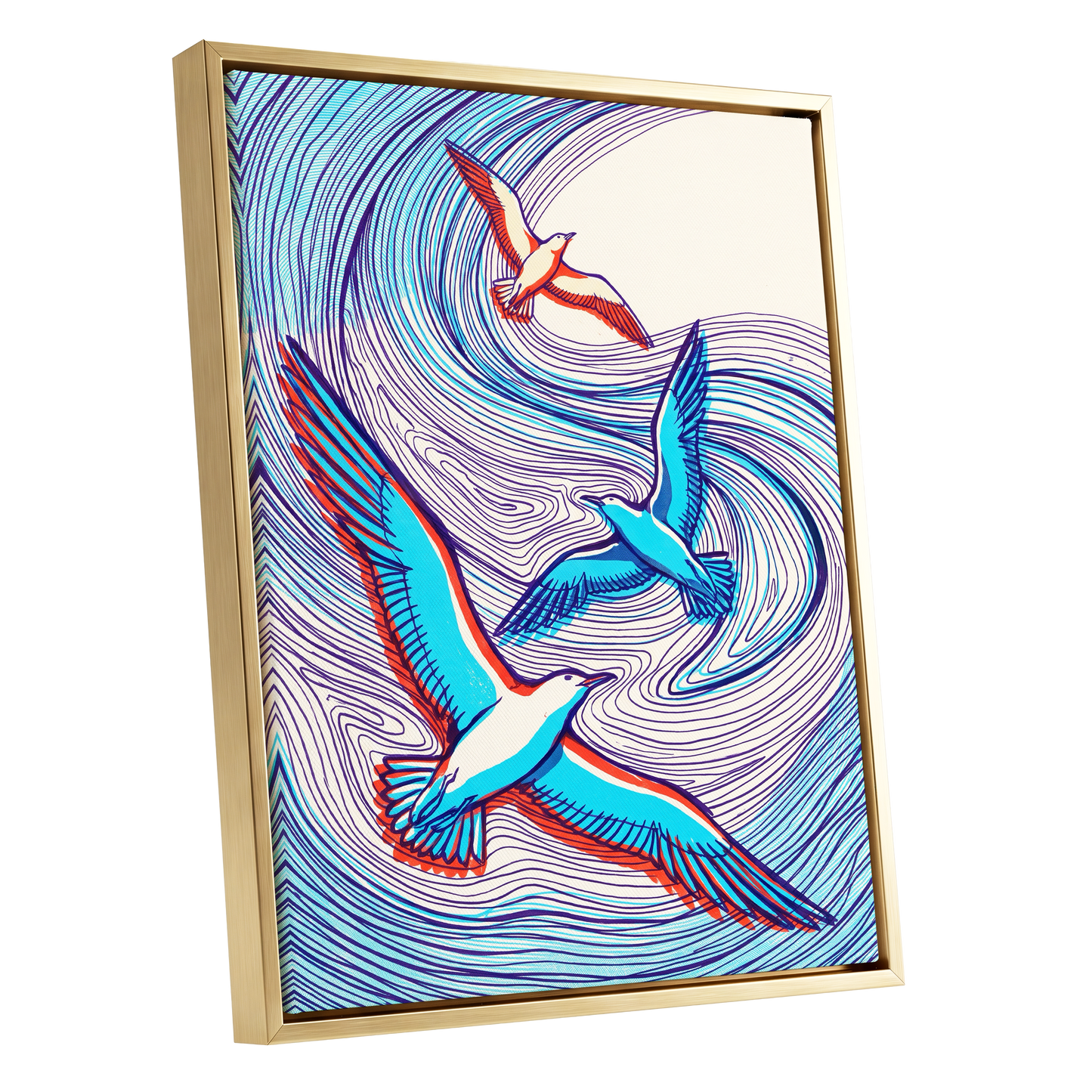 Wings in the Current, blue, purple, orange nature wall art shown as a gold framed canvas wall art