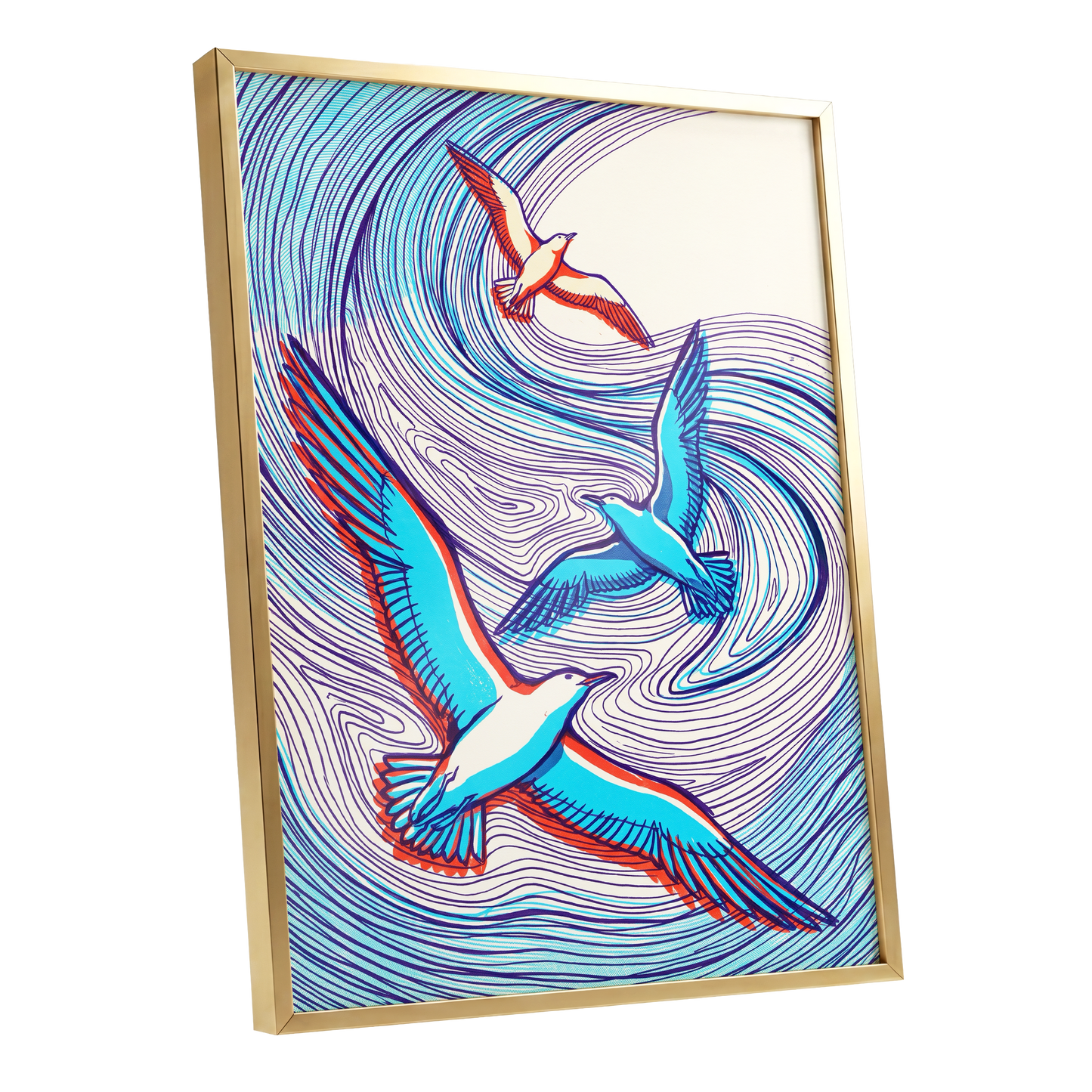 Wings in the Current, blue, purple, orange nature wall art shown as a gold framed poster wall art print