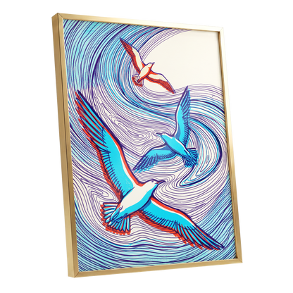 Wings in the Current, blue, purple, orange nature wall art shown as a gold framed poster wall art print