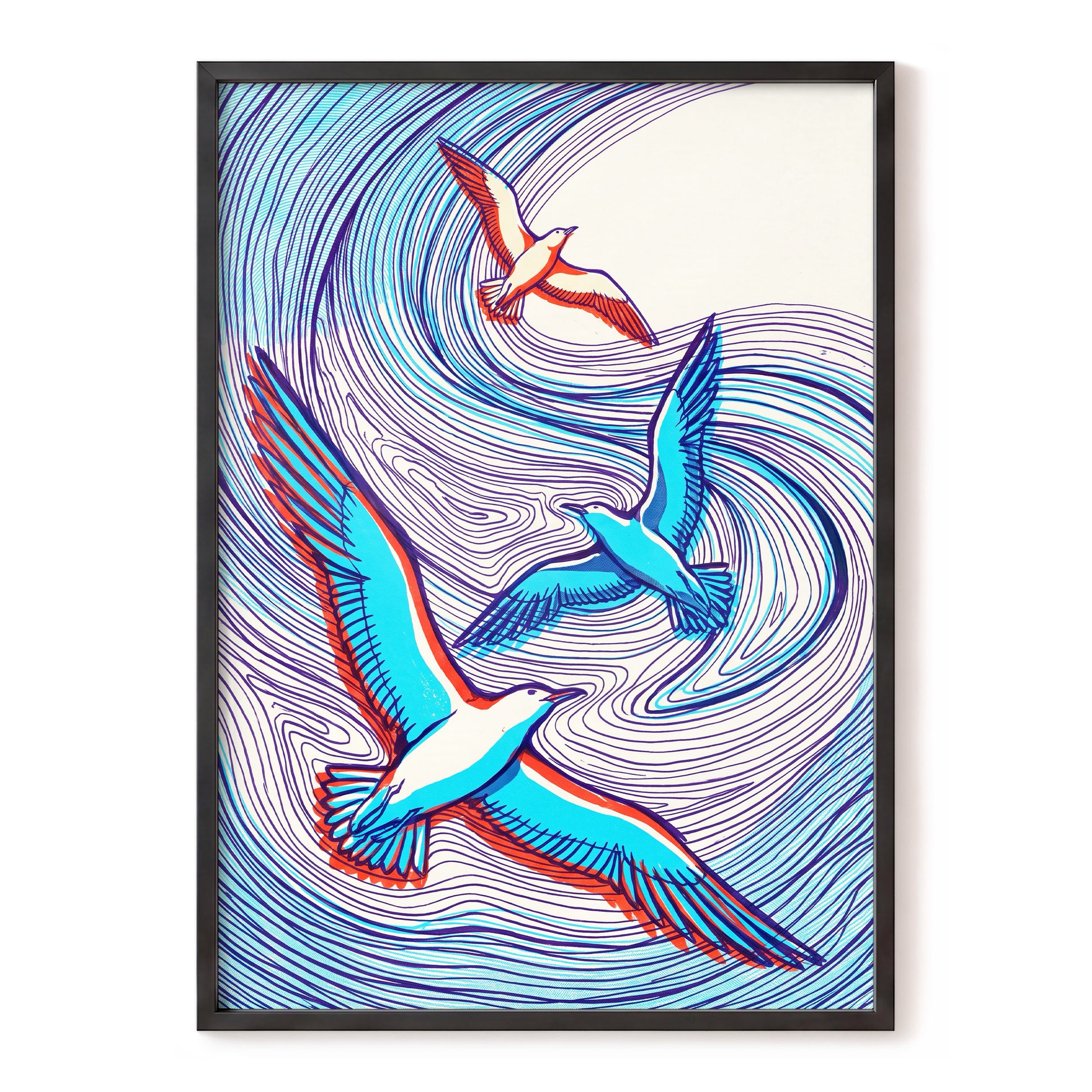 Wings in the Current, blue, purple, orange nature wall art, front artwork view