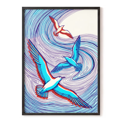 Wings in the Current, blue, purple, orange nature wall art, front artwork view