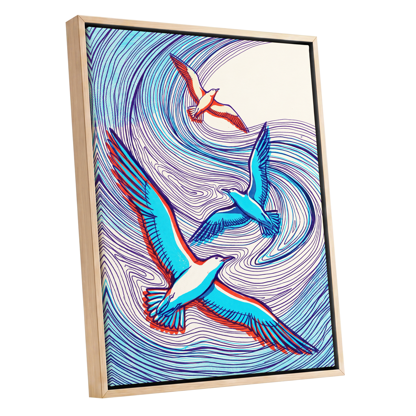 Wings in the Current, blue, purple, orange nature wall art shown as a oak framed canvas wall art