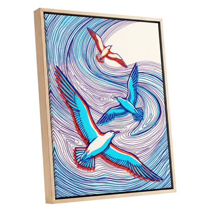 Wings in the Current, blue, purple, orange nature wall art shown as a oak framed canvas wall art