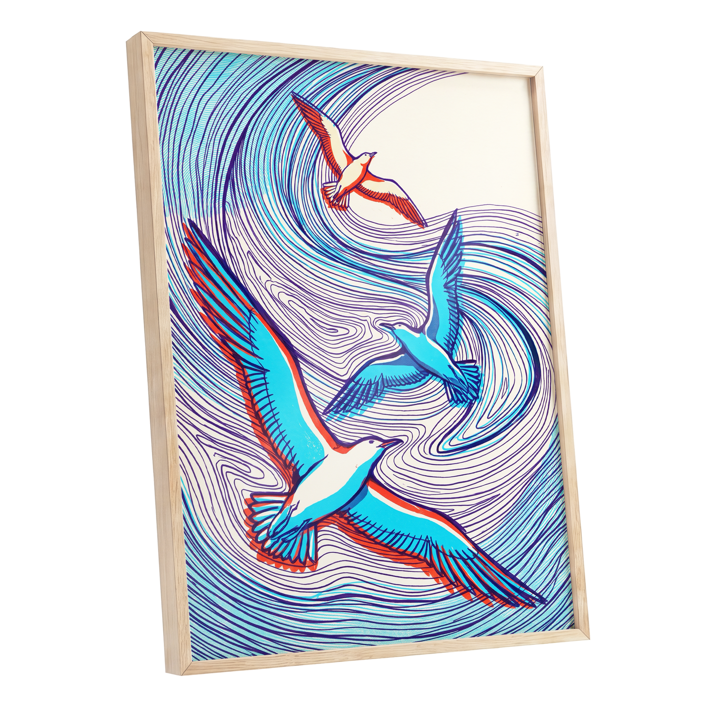 Wings in the Current, blue, purple, orange nature wall art shown as a oak framed poster wall art print