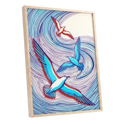 Wings in the Current, blue, purple, orange nature wall art shown as a oak framed poster wall art print