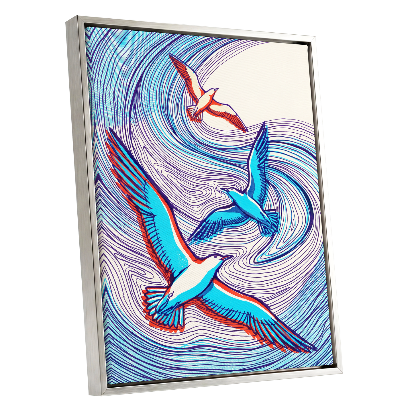 Wings in the Current, blue, purple, orange nature wall art shown as a silver framed canvas wall art