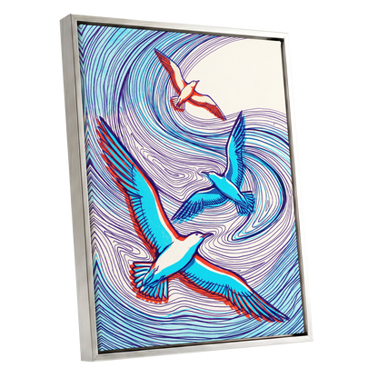Wings in the Current, blue, purple, orange nature wall art shown as a silver framed canvas wall art