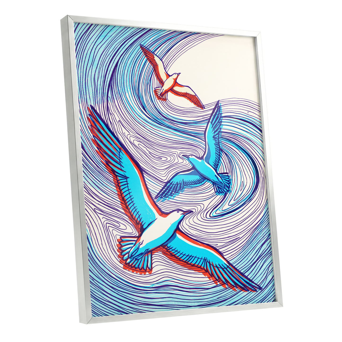Wings in the Current, blue, purple, orange nature wall art shown as a silver framed poster wall art print