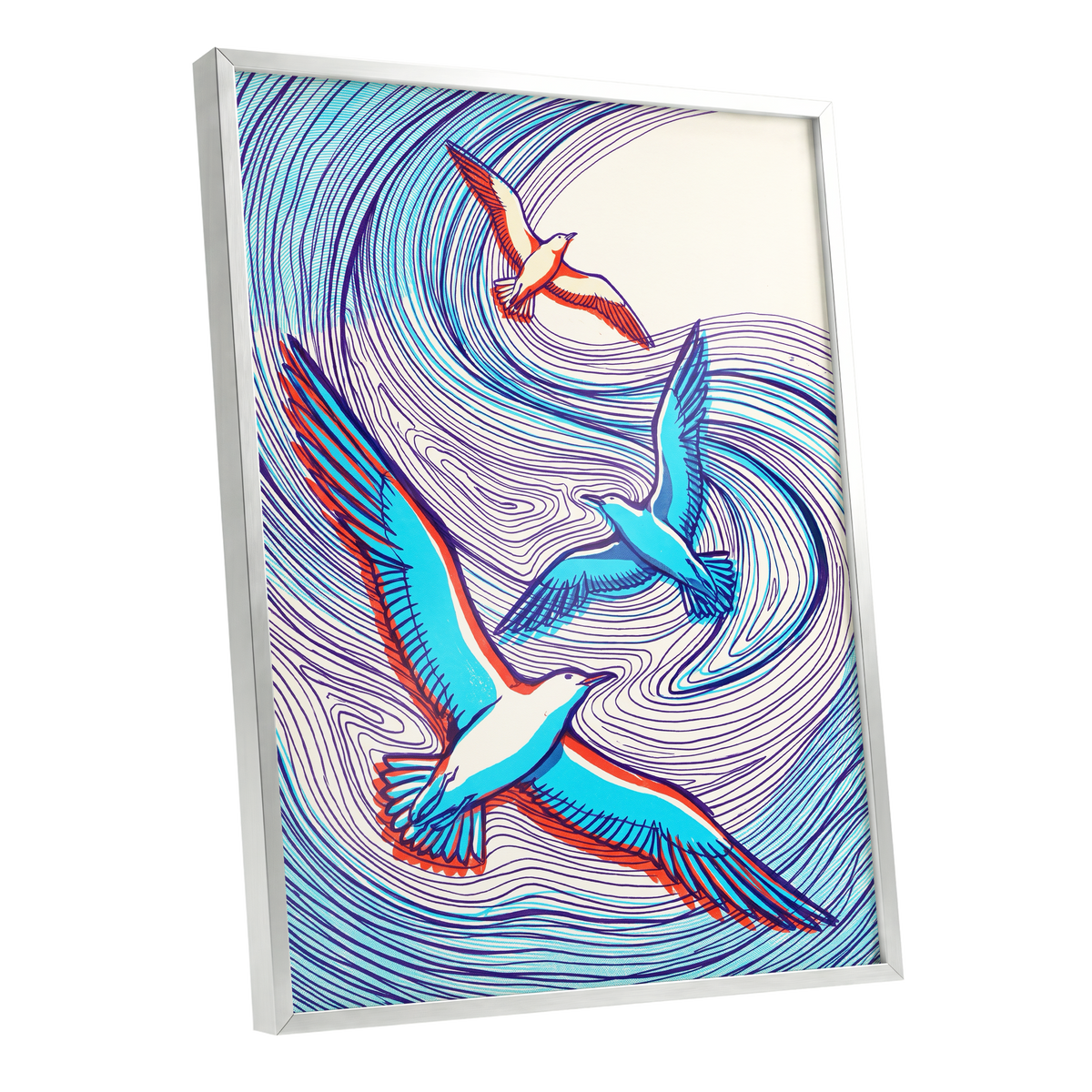 Wings in the Current, blue, purple, orange nature wall art shown as a silver framed poster wall art print