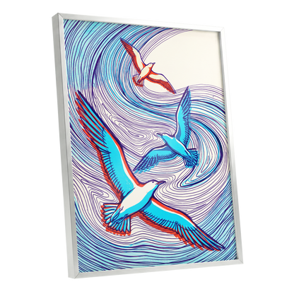 Wings in the Current, blue, purple, orange nature wall art shown as a silver framed poster wall art print