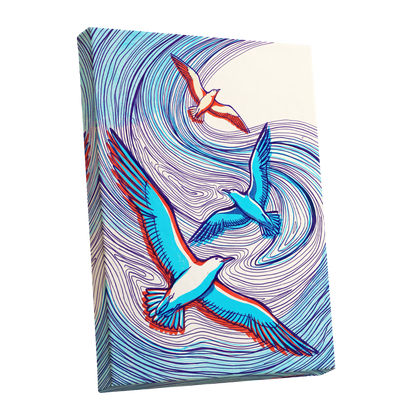 Wings in the Current, blue, purple, orange nature wall art shown as a stretched canvas wall art