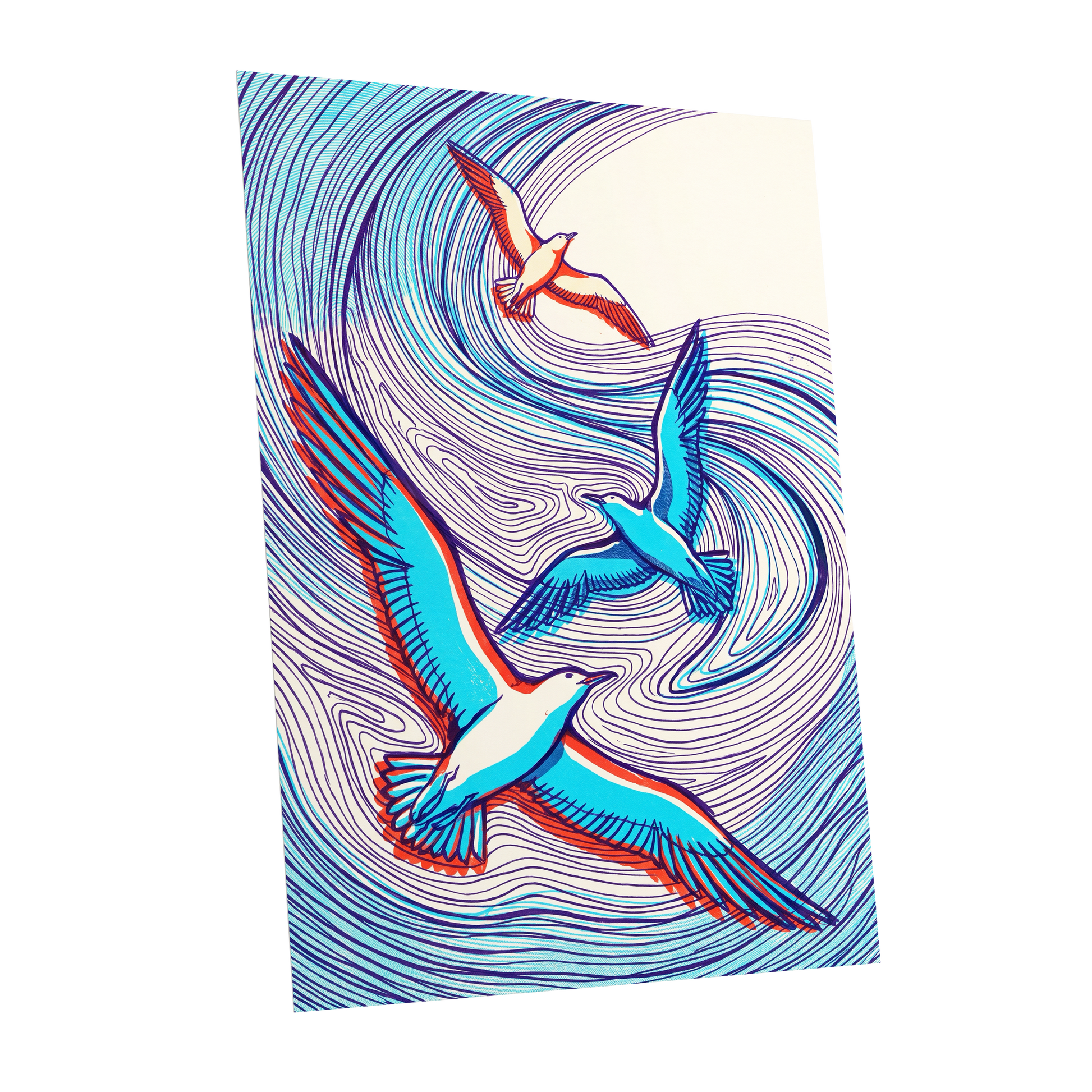 Wings in the Current, blue, purple, orange nature wall art shown as a unframed poster wall art print