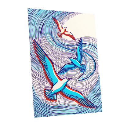 Wings in the Current, blue, purple, orange nature wall art shown as a unframed poster wall art print