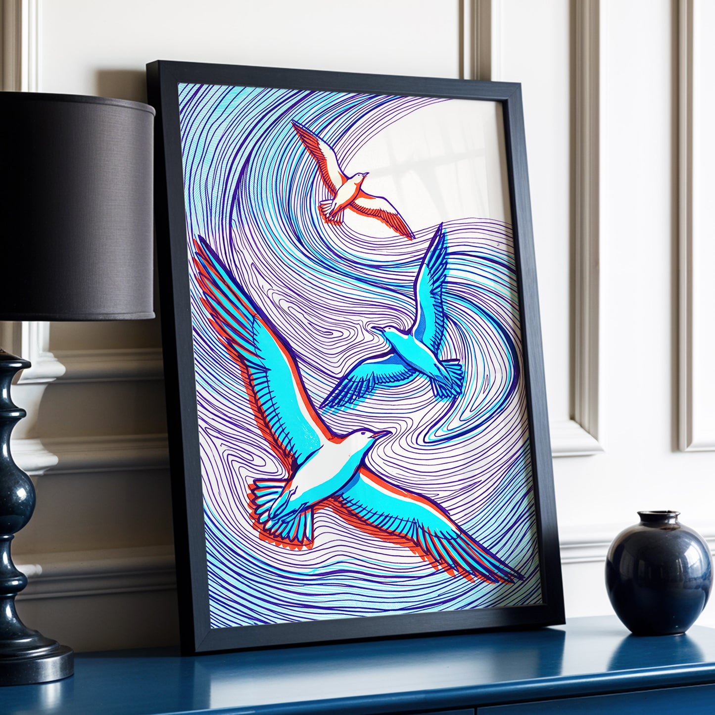 Wings in the Current, blue, purple, orange nature wall art displayed in a styled interior, gallery view 2