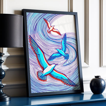 Wings in the Current, blue, purple, orange nature wall art displayed in a styled interior, gallery view 2
