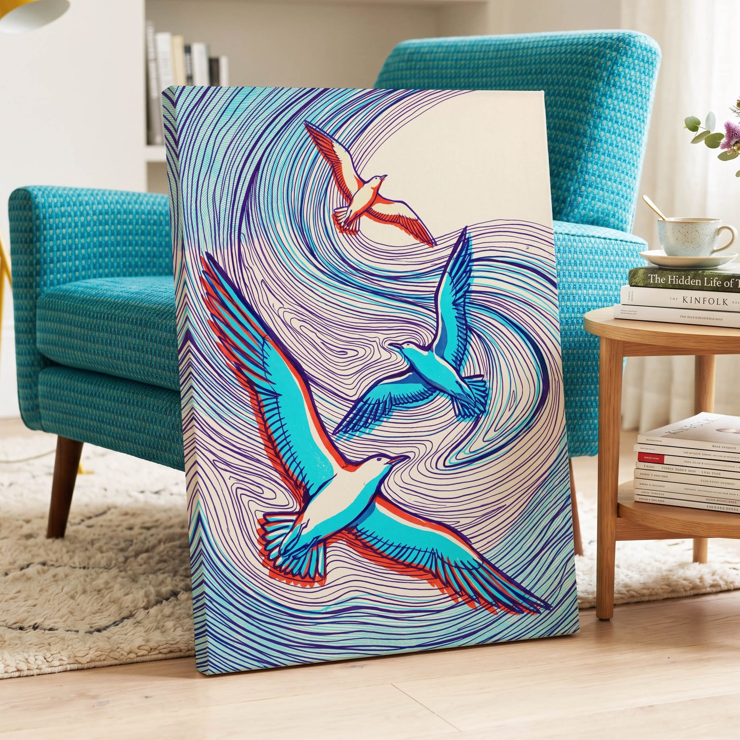 Wings in the Current, blue, purple, orange nature wall art displayed in a styled interior, gallery view 3