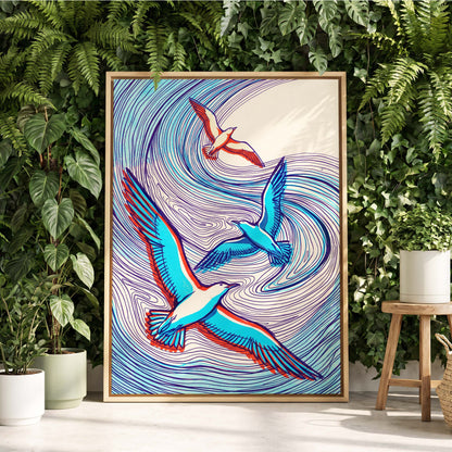 Wings in the Current, blue, purple, orange nature wall art displayed in a styled interior, gallery view 4