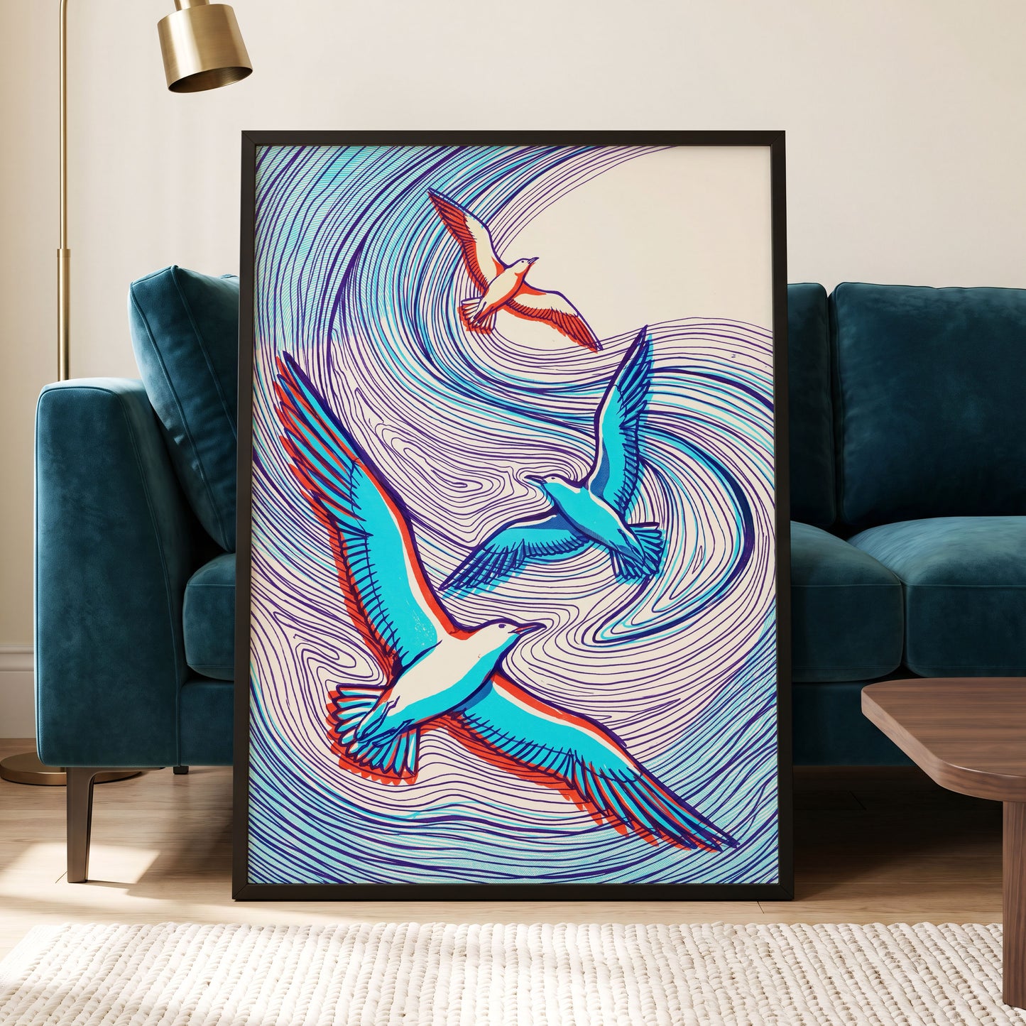 Wings in the Current, blue, purple, orange nature wall art displayed in a styled interior, gallery view 6