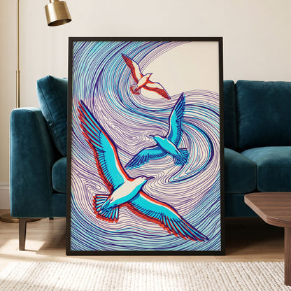 Wings in the Current, blue, purple, orange nature wall art displayed in a styled interior, gallery view 6