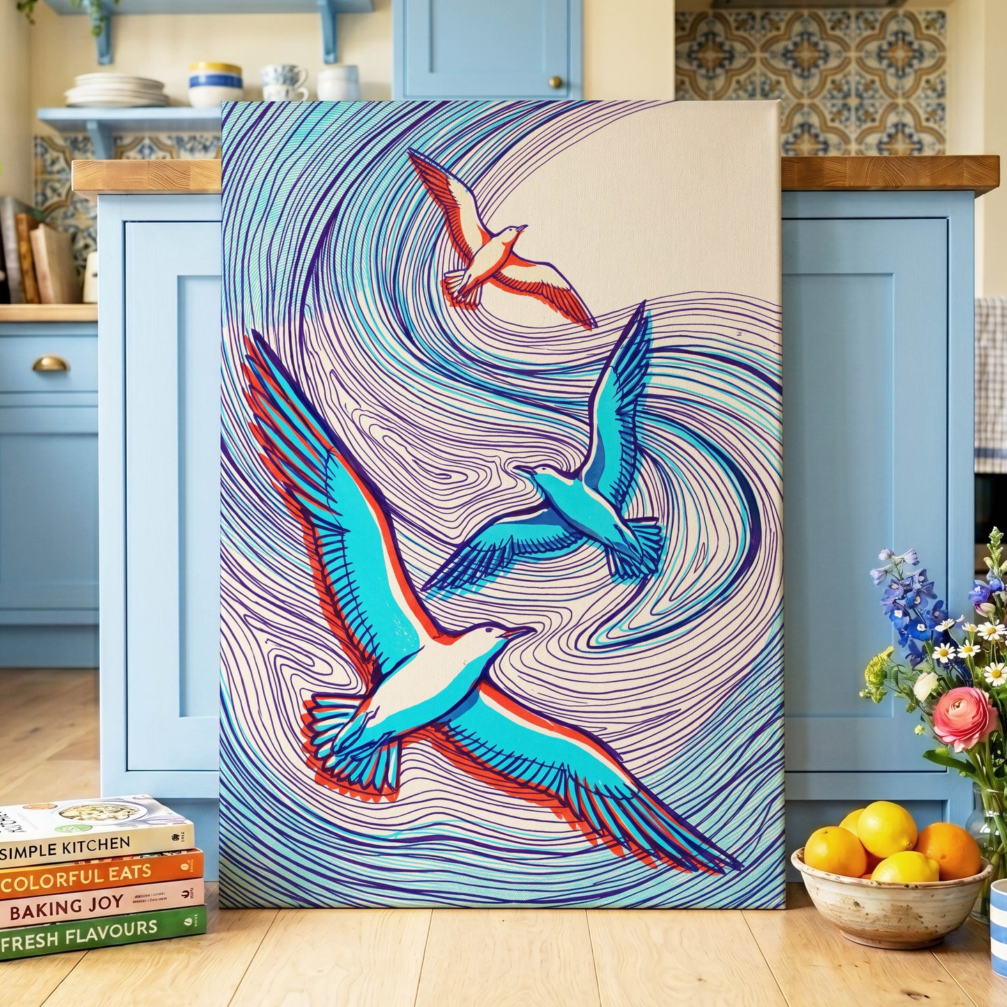 Wings in the Current, blue, purple, orange nature wall art displayed in a styled interior, gallery view 7