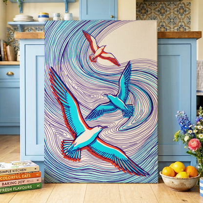 Wings in the Current, blue, purple, orange nature wall art displayed in a styled interior, gallery view 7
