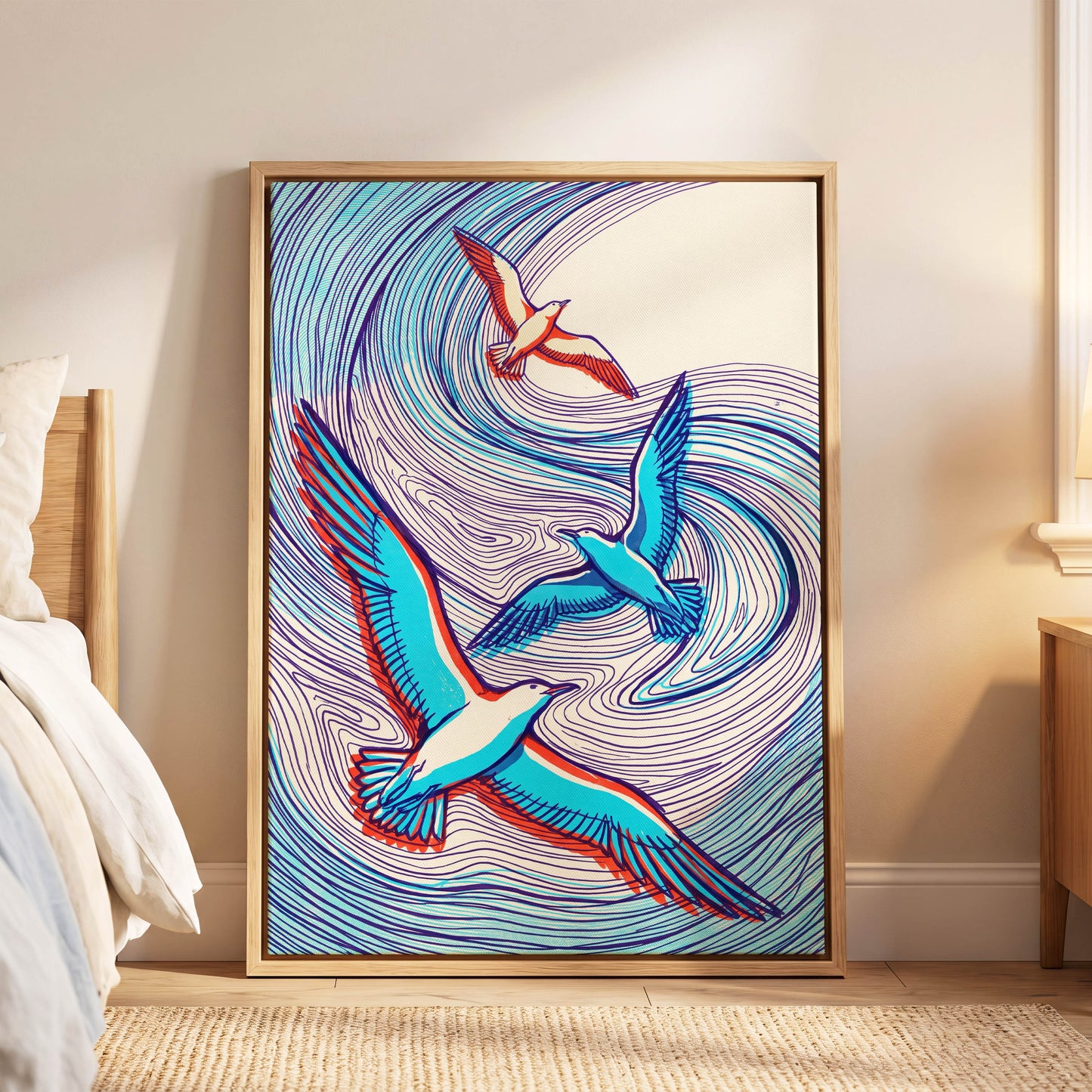 Wings in the Current, blue, purple, orange nature wall art displayed in a styled interior, gallery view 8