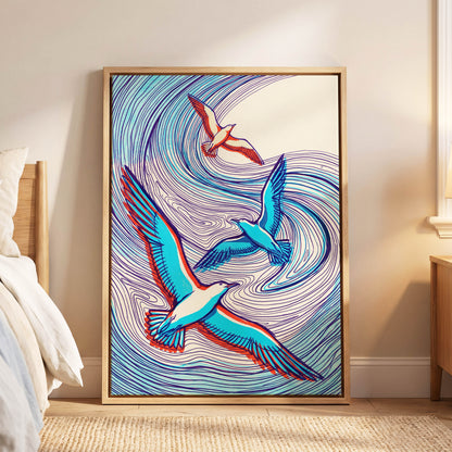 Wings in the Current, blue, purple, orange nature wall art displayed in a styled interior, gallery view 8