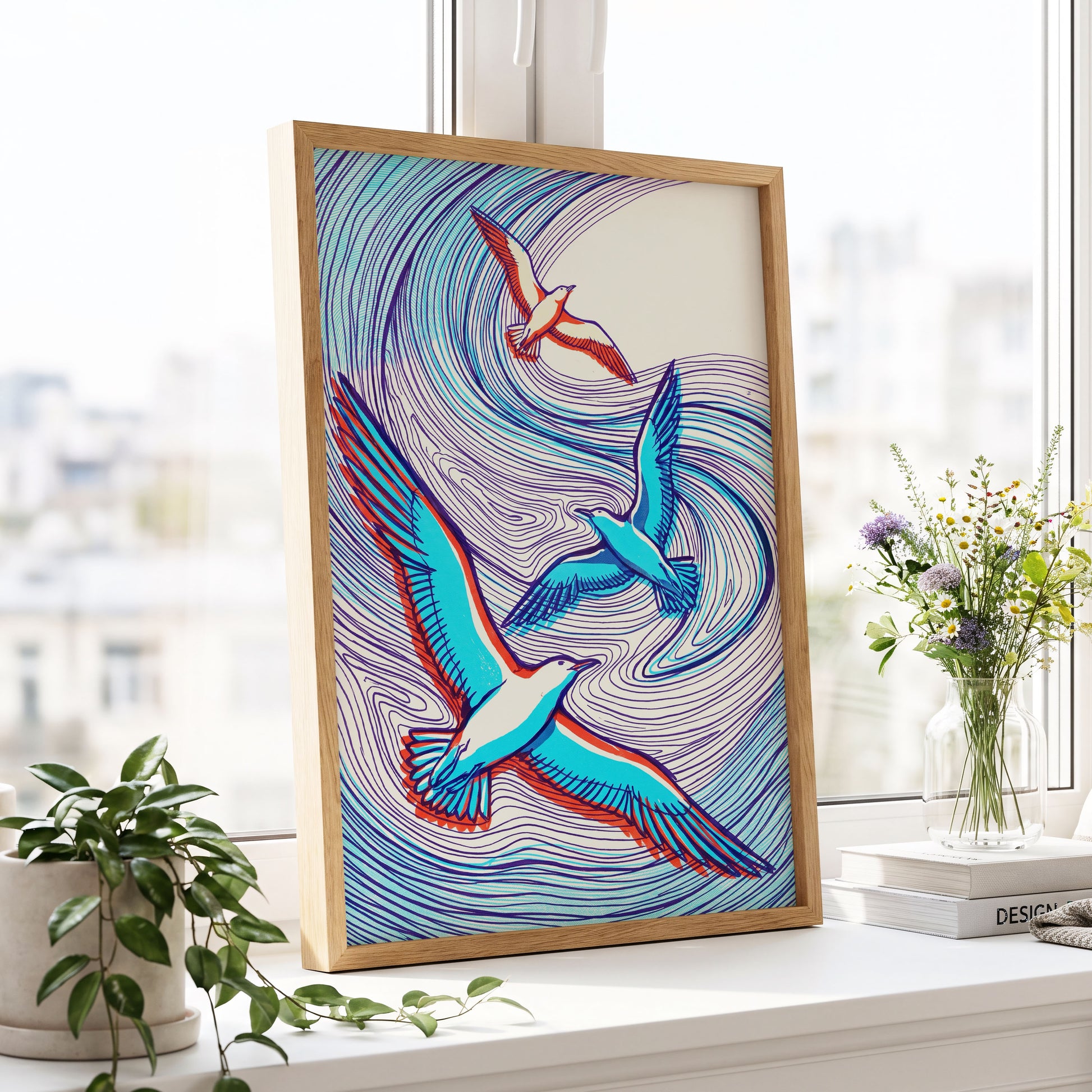 Wings in the Current, blue, purple, orange nature wall art displayed in a styled interior, gallery view 9