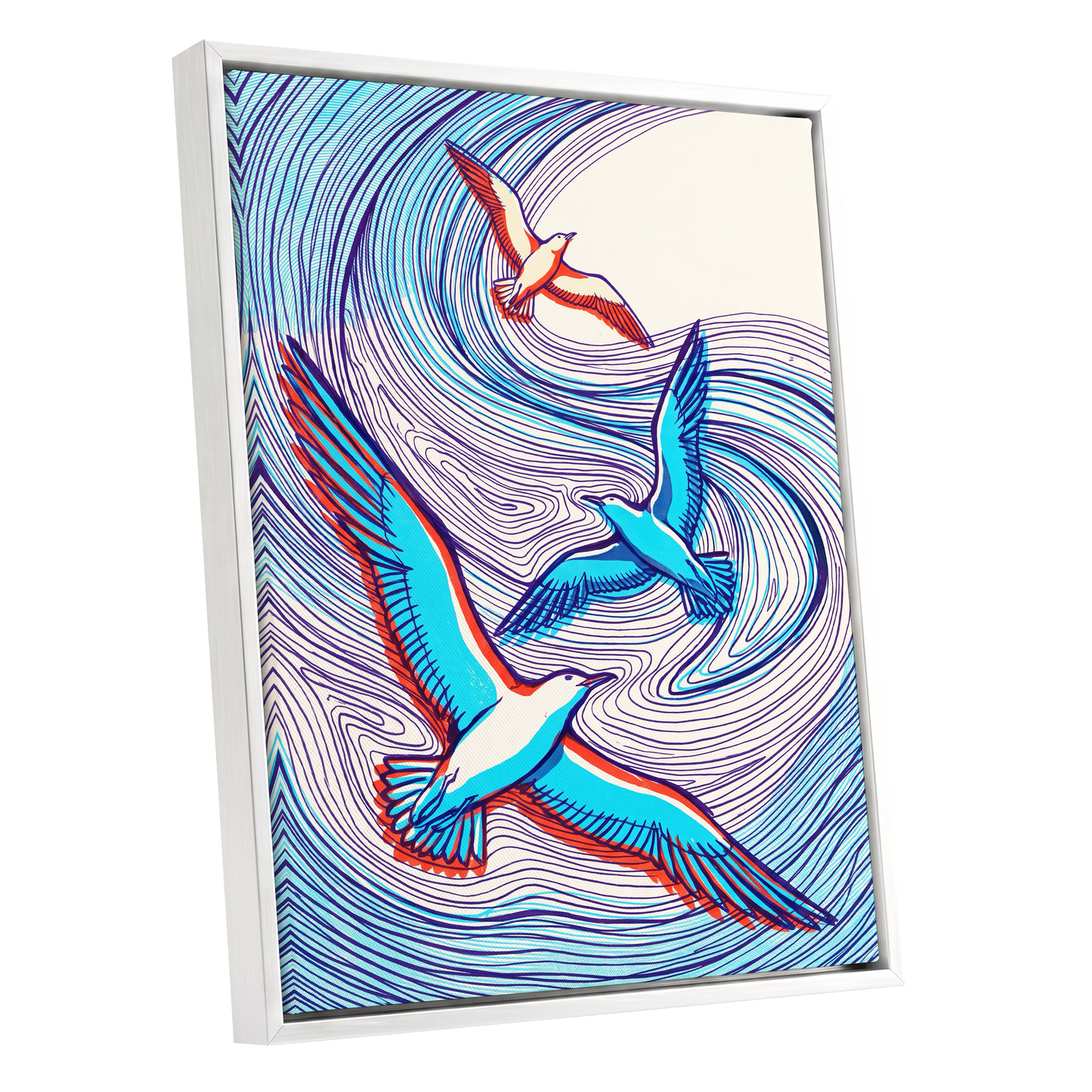 Wings in the Current, blue, purple, orange nature wall art shown as a white framed canvas wall art