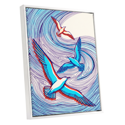 Wings in the Current, blue, purple, orange nature wall art shown as a white framed canvas wall art