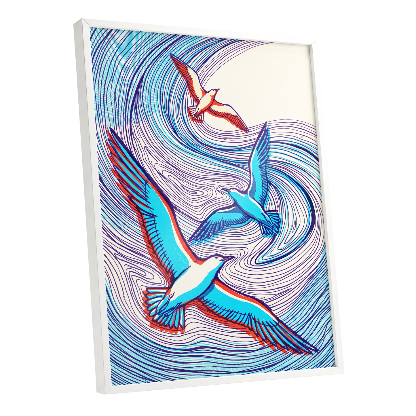 Wings in the Current, blue, purple, orange nature wall art shown as a white framed poster wall art print