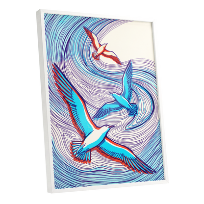 Wings in the Current, blue, purple, orange nature wall art shown as a white framed poster wall art print