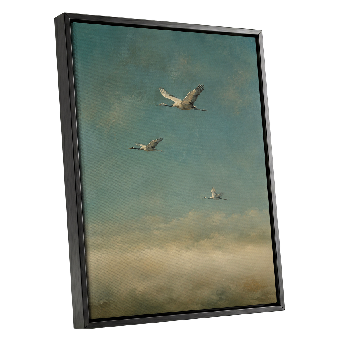 Wings in the Quiet Sky, blue, green, beige nature wall art shown as a black framed canvas wall art