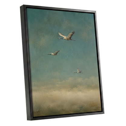 Wings in the Quiet Sky, blue, green, beige nature wall art shown as a black framed canvas wall art