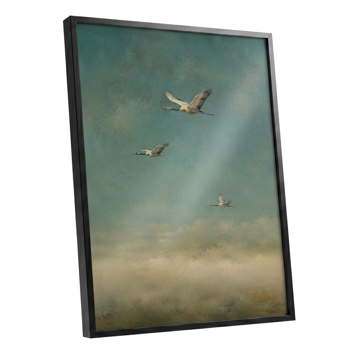 Wings in the Quiet Sky, blue, green, beige nature wall art shown as a black framed poster wall art print
