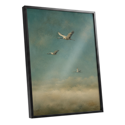 Wings in the Quiet Sky, blue, green, beige nature wall art shown as a black framed poster wall art print