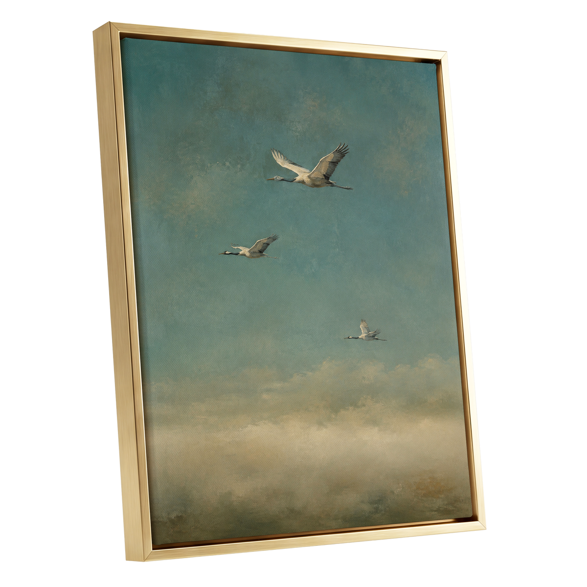 Wings in the Quiet Sky, blue, green, beige nature wall art shown as a gold framed canvas wall art
