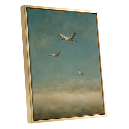 Wings in the Quiet Sky, blue, green, beige nature wall art shown as a gold framed canvas wall art