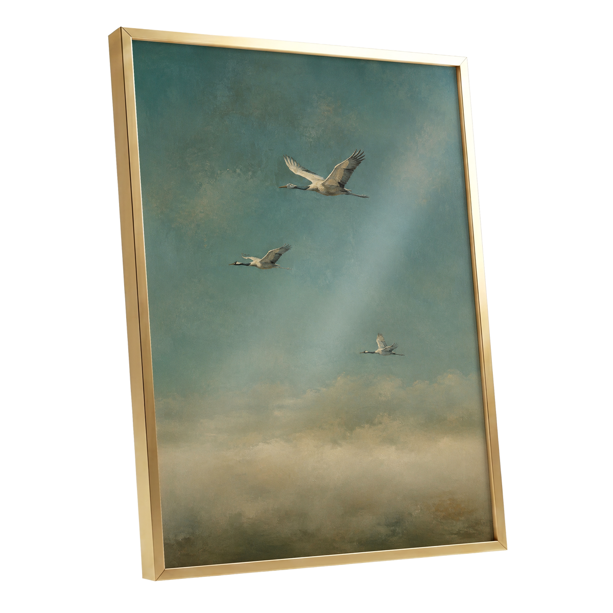 Wings in the Quiet Sky, blue, green, beige nature wall art shown as a gold framed poster wall art print