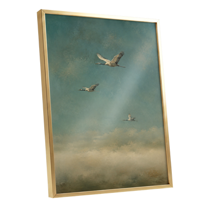 Wings in the Quiet Sky, blue, green, beige nature wall art shown as a gold framed poster wall art print